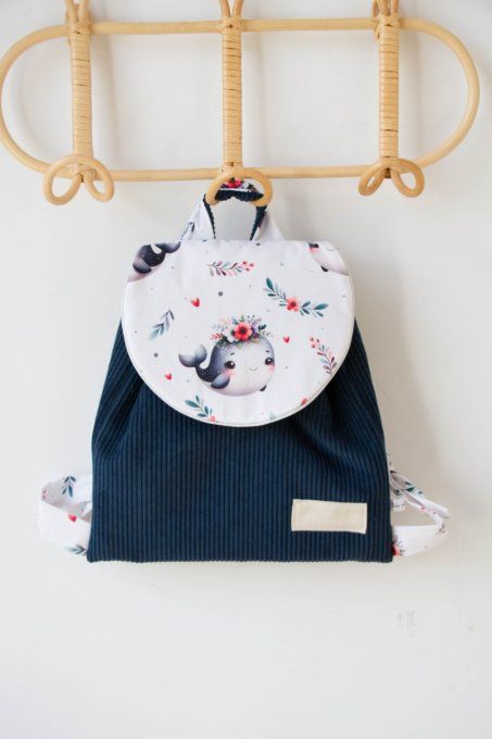 Sac cartable petite baleine velours bleu marine