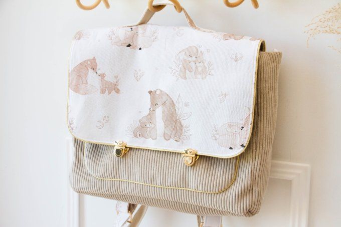 Cartable Animaux family velours beige